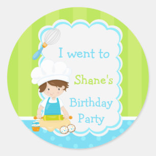 Cute Brunette Boy Baking Birthday Party Classic Round Sticker
