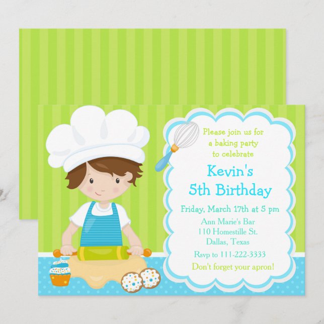 Cute Brunette Boy Baking Birthday Party Invitation (Front/Back)