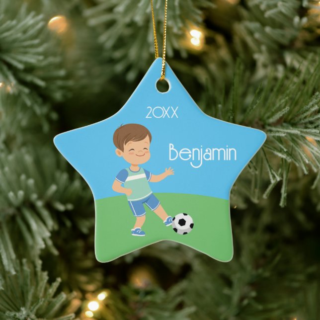 Cute Brunette Boy Soccer Personalised Christmas Ceramic Tree Decoration (Tree)