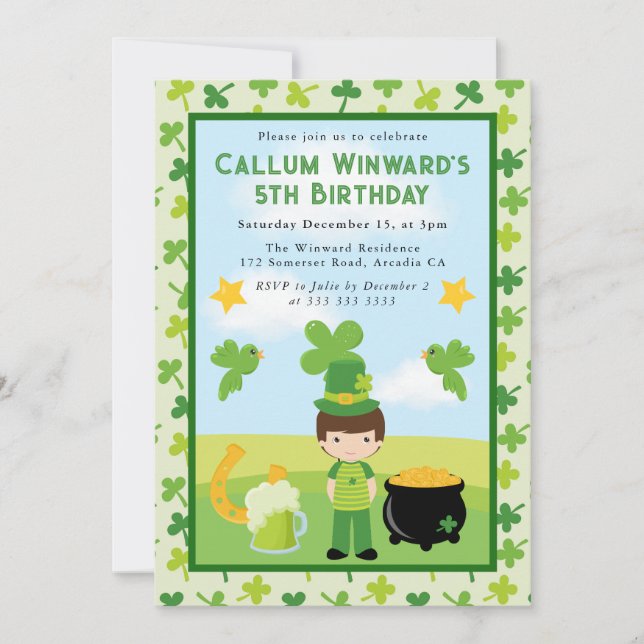 Cute Brunette Boy St Patrick's Kids Birthday  Invitation (Front)