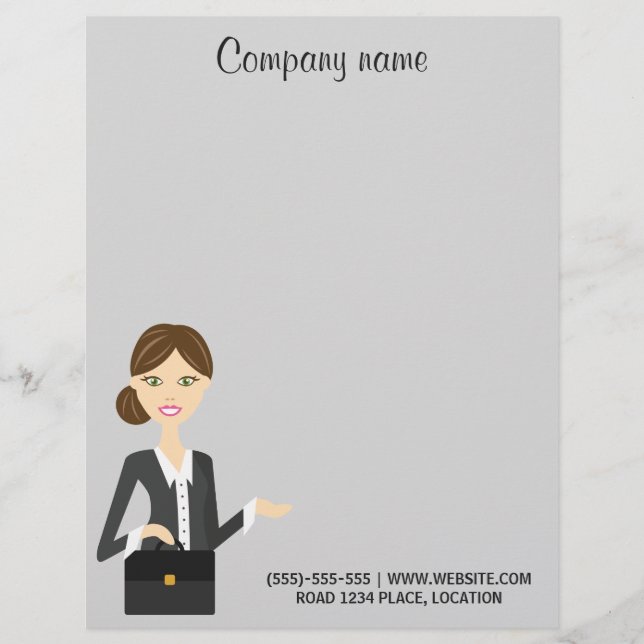 Cute Brunette Business Woman Illustration Letterhead Design (Front)
