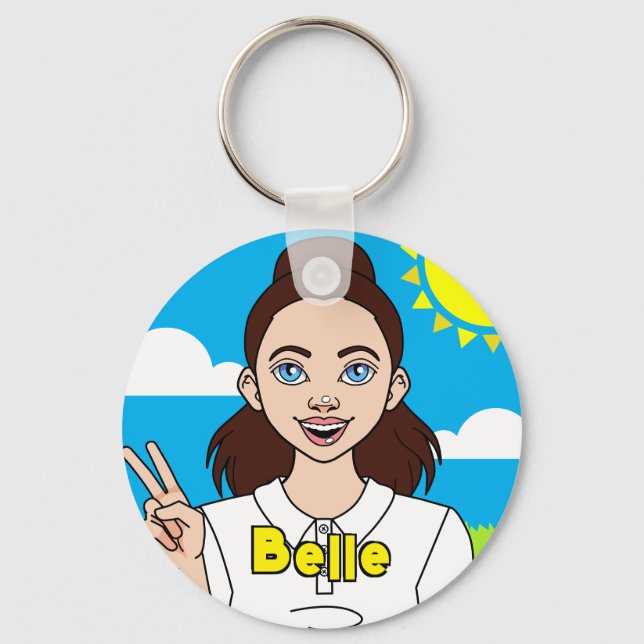 Cute Brunette Cartoon Girl School Student Name Key Ring (Front)