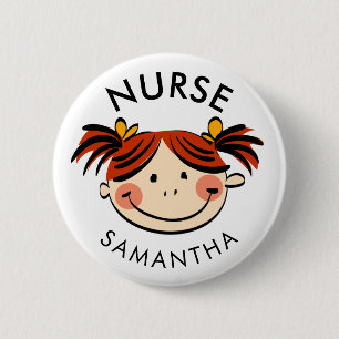 Cute Brunette Cartoon Nurse Name 6 Cm Round Badge