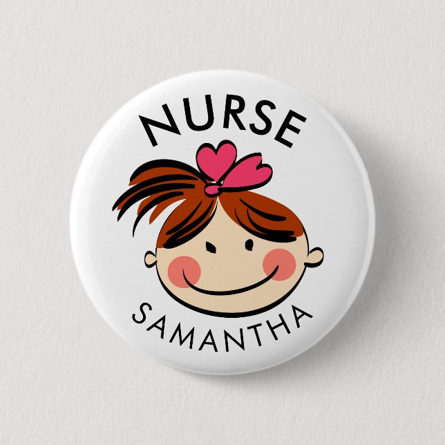 Cute Brunette Cartoon Nurse Name 6 Cm Round Badge (Front)