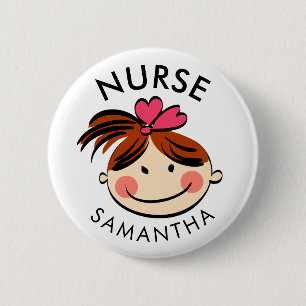 Cute Brunette Cartoon Nurse Name 6 Cm Round Badge