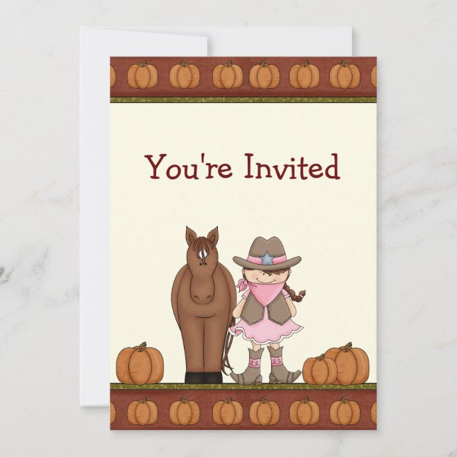 Cute Brunette Cowgirl and Horse Autumn Birthday Invitation (Front)