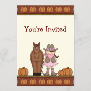 Cute Brunette Cowgirl and Horse Autumn Birthday Invitation