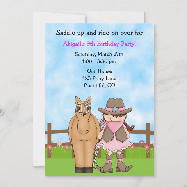 Cute Brunette Cowgirl and Horse Birthday Invite (Front)