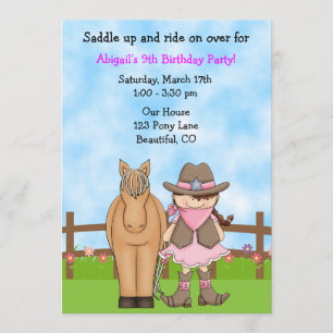 Cute Brunette Cowgirl and Horse Birthday Invite
