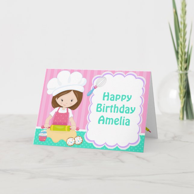 Cute Brunette Girl Baking Birthday Card (Front)