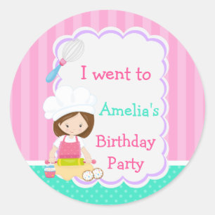 Cute Brunette Girl Baking Birthday Party Classic Round Sticker