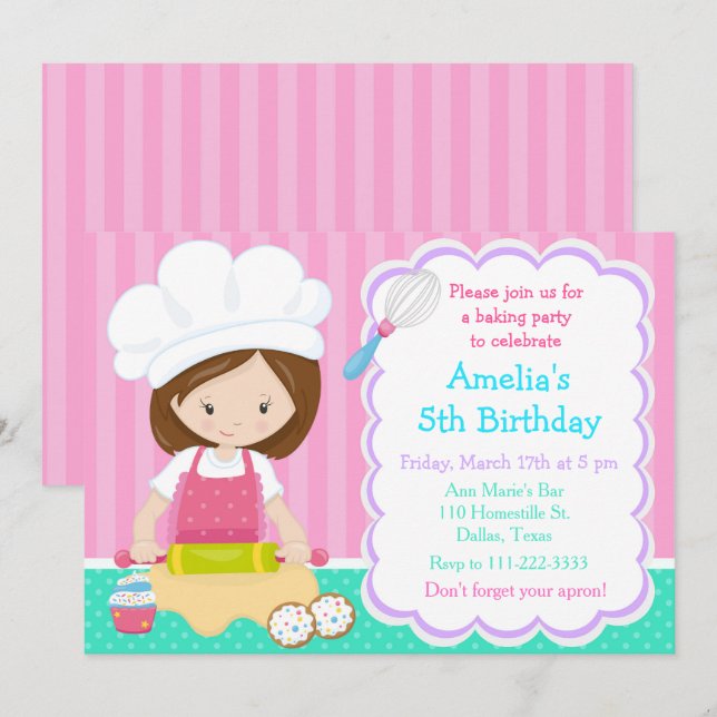 Cute Brunette Girl Baking Birthday Party Invitation (Front/Back)