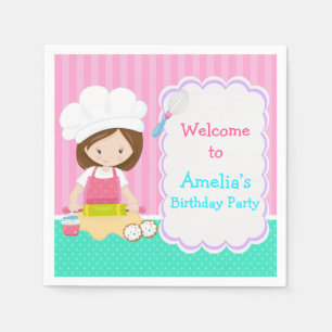 Cute Brunette Girl Baking Birthday Party Napkin