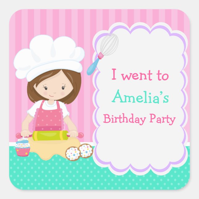 Cute Brunette Girl Baking Birthday Party Square Sticker (Front)