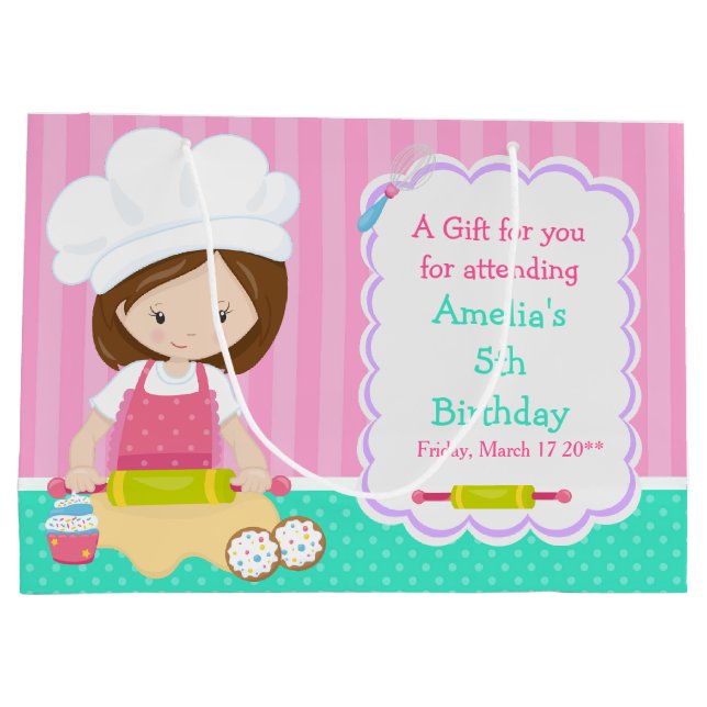 Cute Brunette Girl Baking Thank You Large Gift Bag (Back)