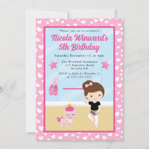 Cute Brunette Girl Ballerina Kids Birthday Invitation