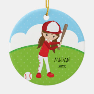 Cute Brunette Girl Baseball Personalised Christmas Ceramic Tree Decoration