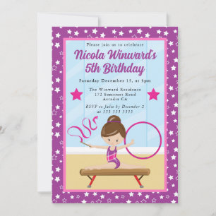 Cute Brunette Girl Gymnast Kids Birthday Invitation