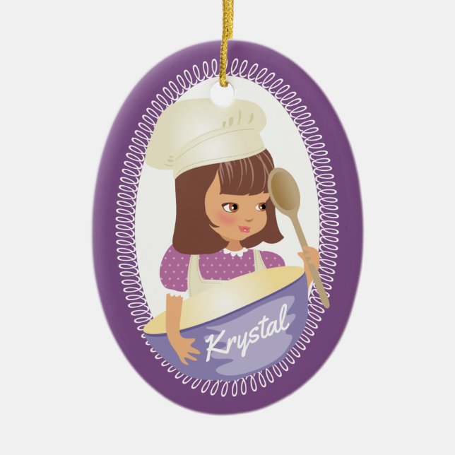 Cute brunette girl kids chef culinary Christmas Ceramic Tree Decoration (Front)