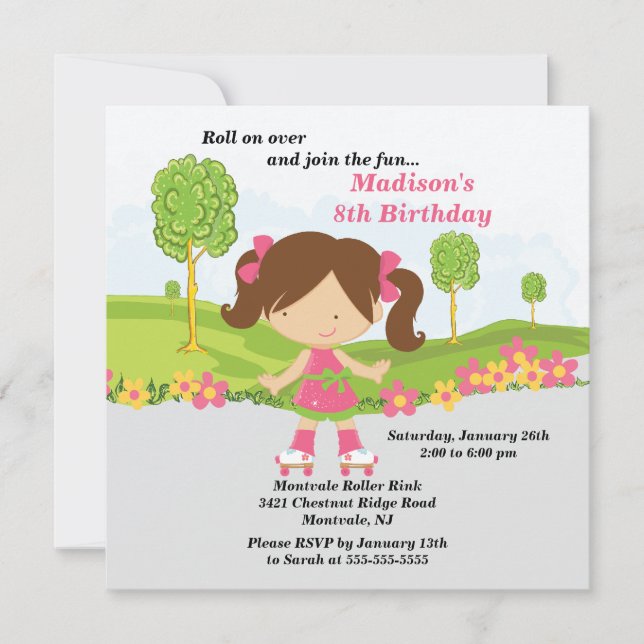 Cute Brunette Girl Skating Birthday Party Invitation (Front)