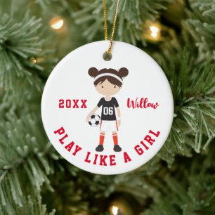 Cute Brunette Girl Soccer Personalised Christmas Ceramic Tree Decoration