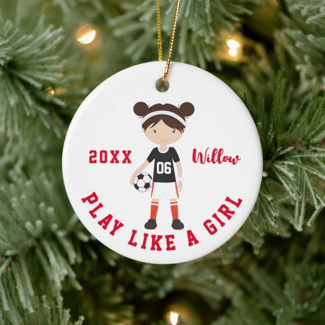 Cute Brunette Girl Soccer Personalised Christmas Ceramic Tree Decoration (Tree)