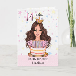 Cute Brunette Girl with Cake Happy Birthday Card