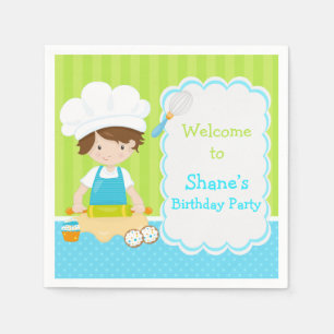 Cute Brunette Hair Boy Baking Birthday Party Napkin