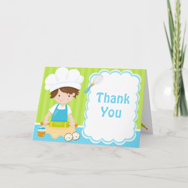 Cute Brunette Hair Boy Baking Birthday Party Thank You Card (Front)