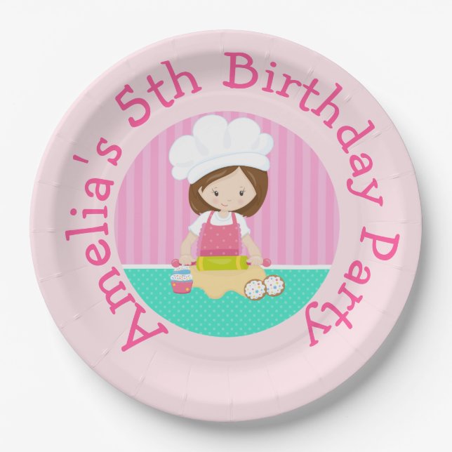 Cute Brunette Hair Girl Baking Birthday Party Paper Plate (Front)