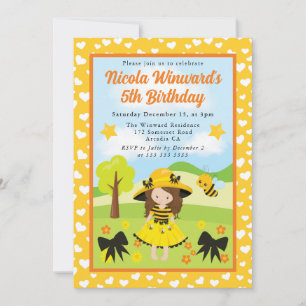 Cute Brunette Haired Bee Dress Girl Kids Birthday Invitation