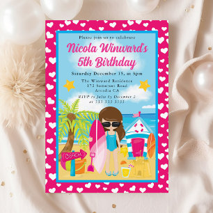 Cute Brunette Haired Girl Beach Kids Birthday Invitation