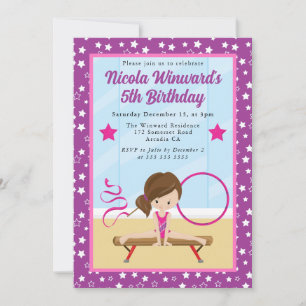 Cute Brunette Haired Girl Gymnast Kids Birthday Invitation