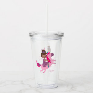 Cute Brunette Haired Girl Riding on a Unicorn Acrylic Tumbler