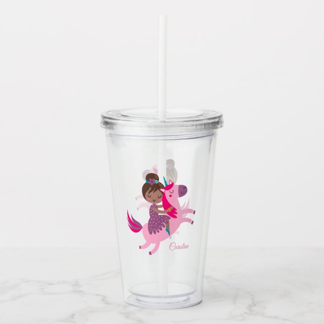 Cute Brunette Haired Girl Riding on a Unicorn Acrylic Tumbler (Front)