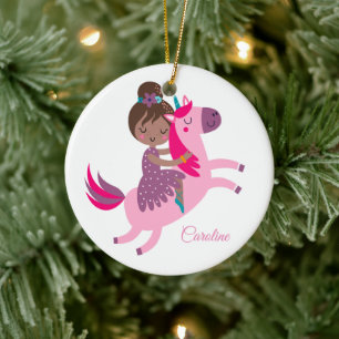 Cute Brunette Haired Girl Riding on a Unicorn Ceramic Tree Decoration