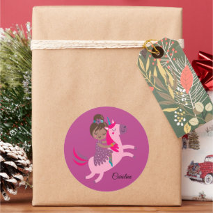 Cute Brunette Haired Girl Riding on a Unicorn Classic Round Sticker