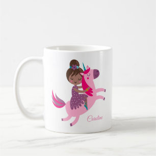 Cute Brunette Haired Girl Riding on a Unicorn Coffee Mug