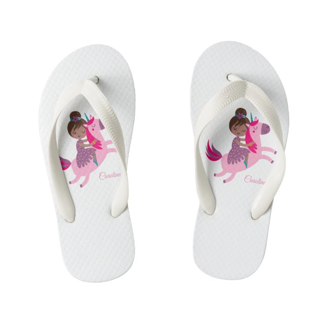 Cute Brunette Haired Girl Riding on a Unicorn Kid's Flip Flops (Footbed)