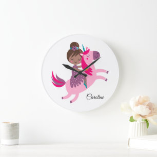 Cute Brunette Haired Girl Riding on a Unicorn Large Clock