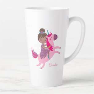 Cute Brunette Haired Girl Riding on a Unicorn Latte Mug