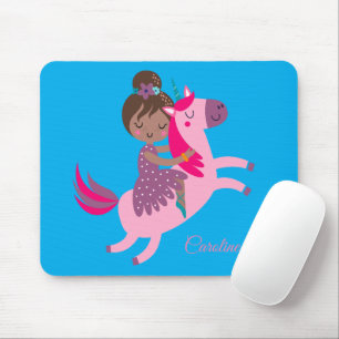 Cute Brunette Haired Girl Riding on a Unicorn Mouse Mat