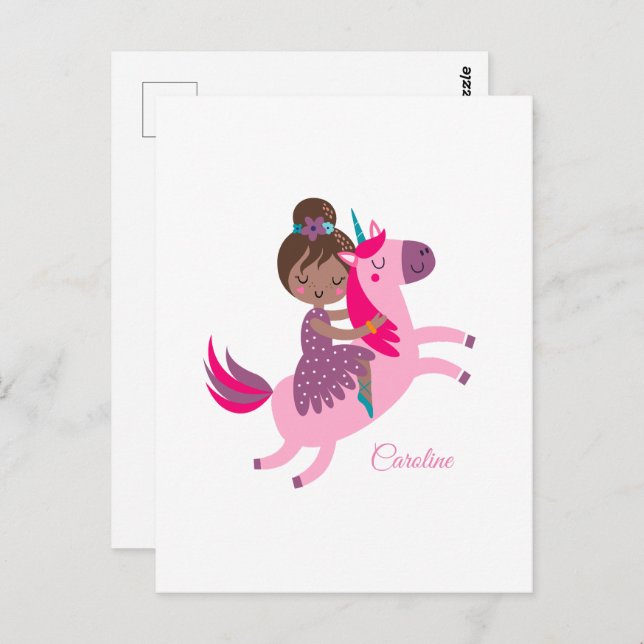 Cute Brunette Haired Girl Riding on a Unicorn Postcard (Front/Back)