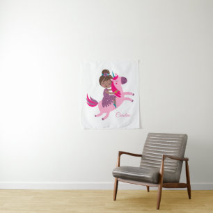 Cute Brunette Haired Girl Riding on a Unicorn Tapestry