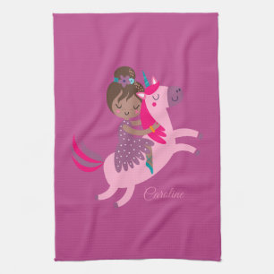 Cute Brunette Haired Girl Riding on a Unicorn Tea Towel