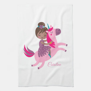 Cute Brunette Haired Girl Riding on a Unicorn Tea Towel