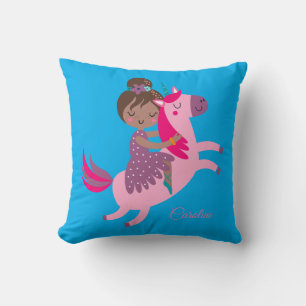 Cute Brunette Haired Girl Riding on a Unicorn Thro Cushion
