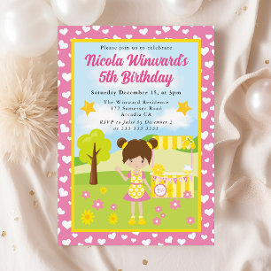Cute Brunette Lemonade Girl Kids Birthday Invitation