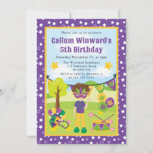 Cute Brunette Mardi Gras Boy Kids Birthday  Invitation
