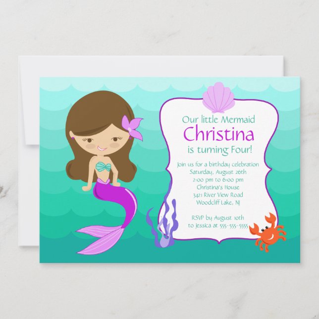 Cute Brunette Mermaid Birthday Invitation (Front)